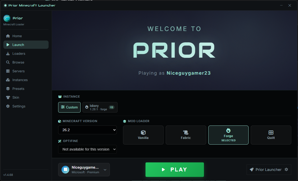 Launch screen: pick an instance, version and mod loader, then Play